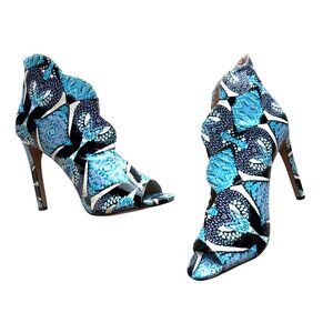 Sergio Todzi Blue Black Scalloped Bootie Open Top Peep Toe 4.5” Heel Size 8.5
